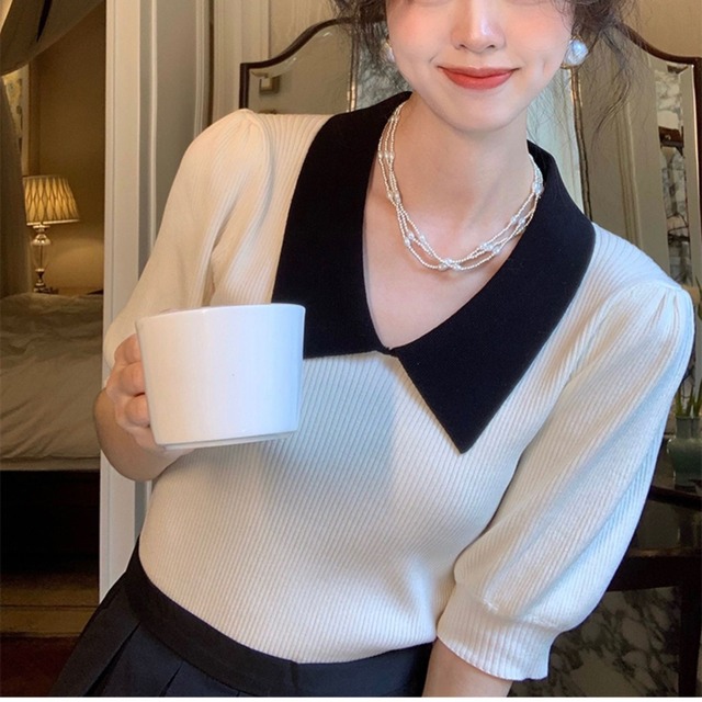 トップス レディース ニット プルオーバー 4色 半袖 襟付き 袖あり ス 5分袖 半袖 Vネック バイカラー ゆったり かわいい 大人可愛い きれいめ シンプル カジュアル おしゃれ お洒落 ナチュラル ラフ キュート 個性的 リラックス レトロ ルーズ シック 無地 OL 通勤 学生 通学 デート お出かけ 女子会 お泊まり 休日 旅行 散歩 カフェ  ゆる ホワイト パープル オレンジ ブラック 10代 20代 30代 韓国系 着回し 普段使い 体型カバー ファッション コーデ スタイル 送料無料