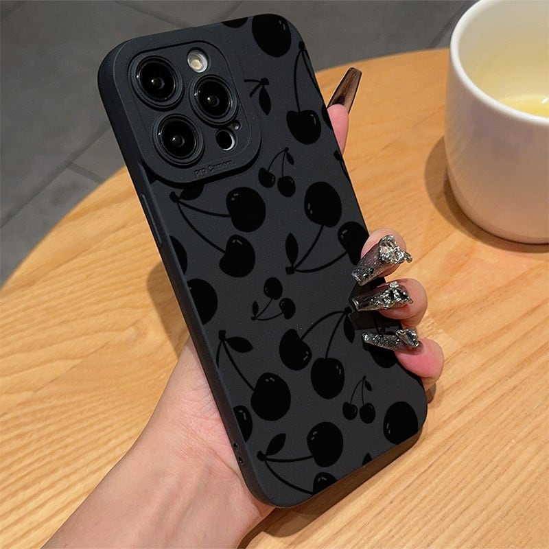 iPhone全機種対応】ブラックチェリー柄◎大人可愛い 韓国ケース