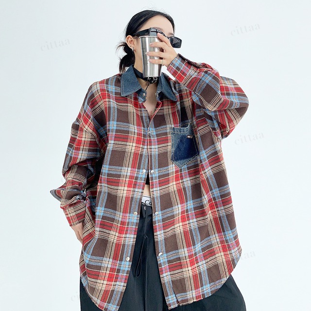 C-319　2025秋新作♡デニムドッキングチェック柄シャツ　レッド　0808