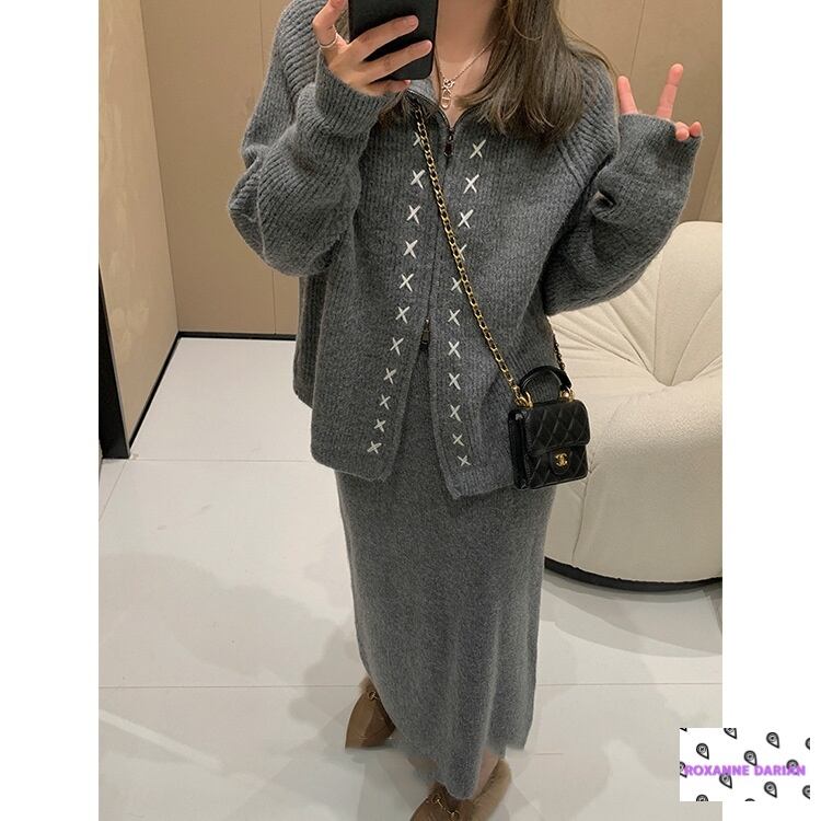 セットアップ 長袖 ニット トップス ロングスカート 全3色 韓国 人気 長袖トップ ロングスカート ニット セットアップ 3色 韓国
