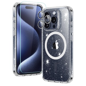【在庫処分】【ケース+フィルム セット！レンズ保護】ESR iPhone 15 Pro Max ケース セット 強化ガラスフィルム1枚 レンズフィルム1組 いphone15promax スマホケース 米軍MIL規格 耐衝撃 Magsafe 黄ばみにくい iphone15promax ワイヤレス充電対応 Classicシリーズ（クリア キラキラ）