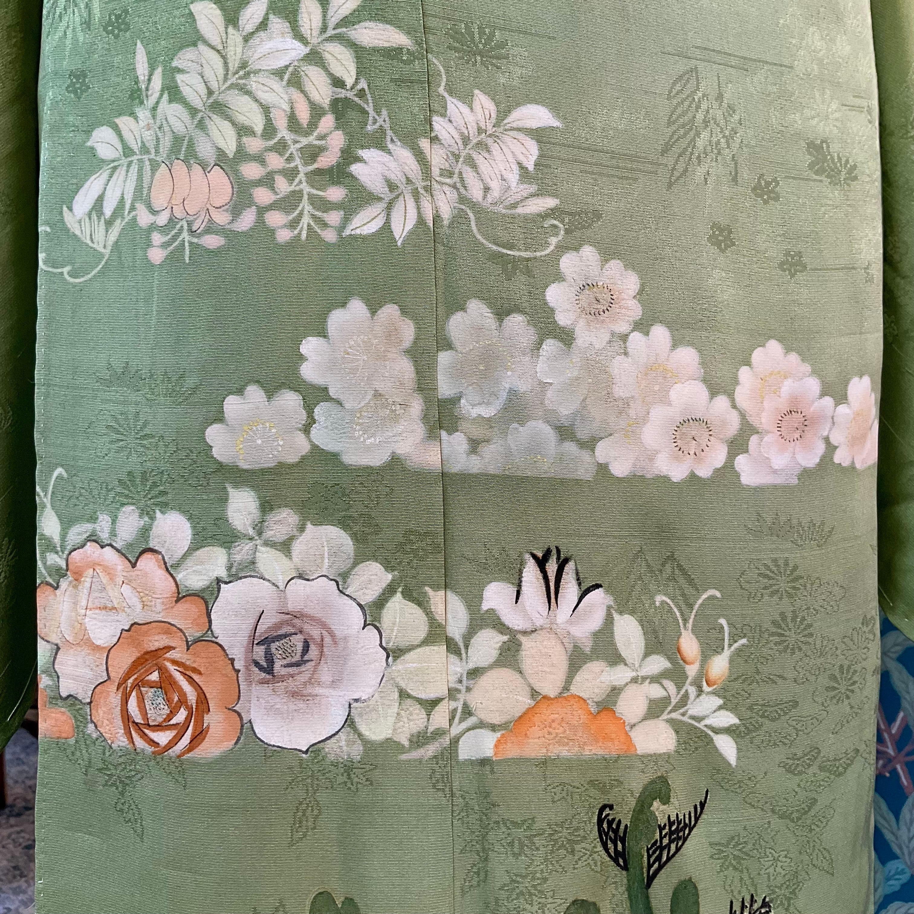 翠の花小道＊くすみグリーン 桜 薔薇 藤 菫 蕨 アンティーク付下げ着物