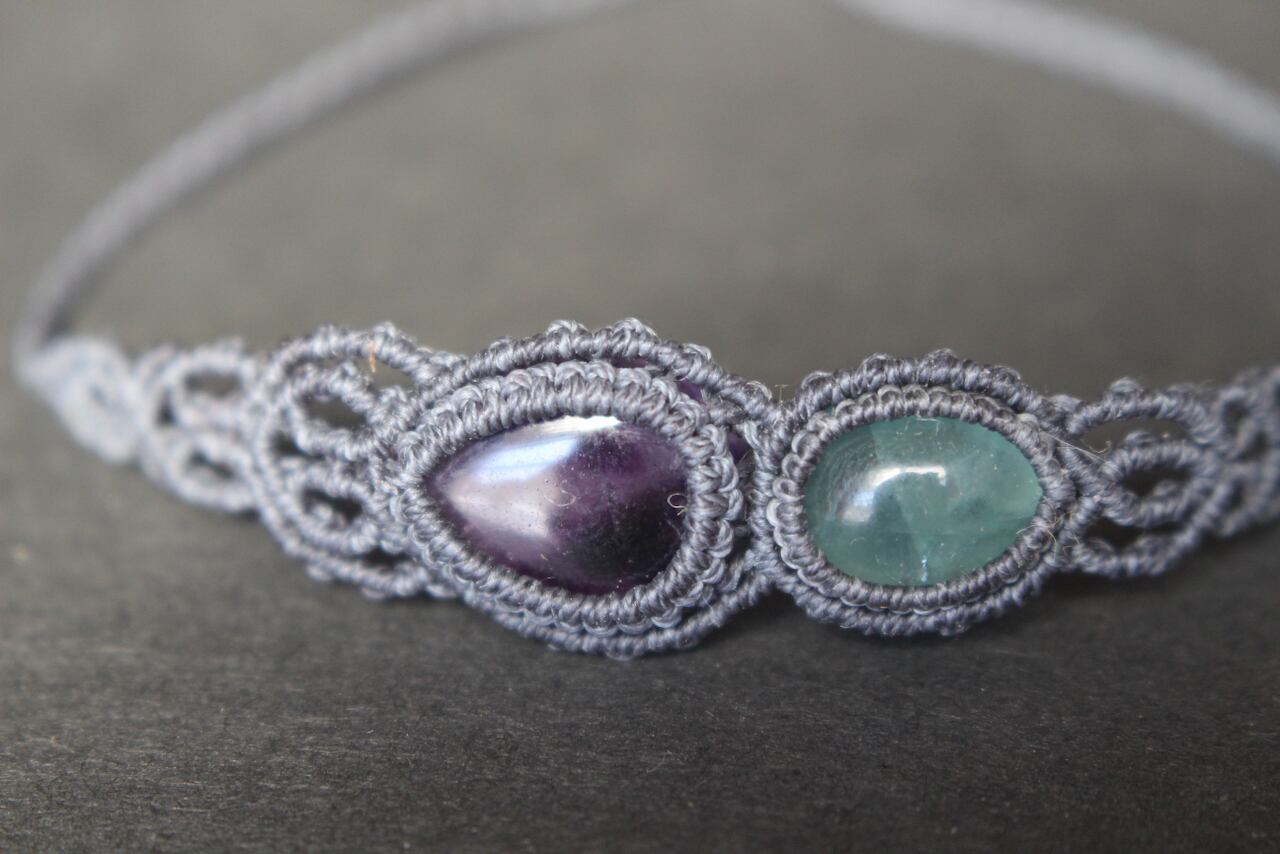 Trapiche amethyst & Green Fluorite micro macrame bracelet
