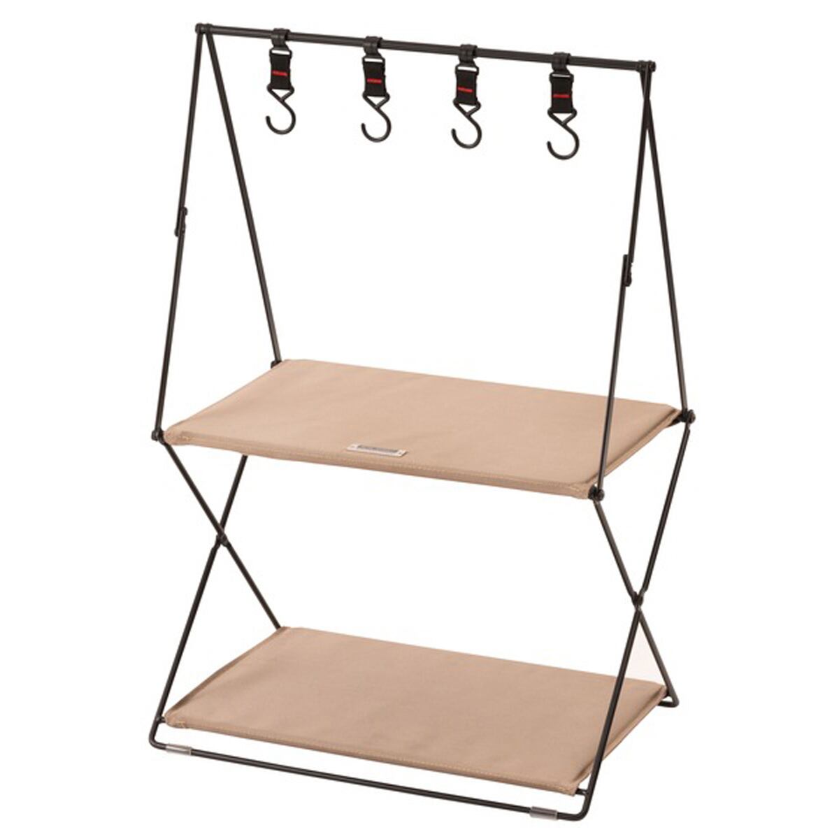 フォールディングハンギングラック 2段 おしゃれ 収納 棚 ラック シェルフ 折りたたみ式 折り畳み式 コンパクト 持ち運び フック付き 引っ掛け 吊るし 玄関収納 アウトドア シンプル ブラック ベージュ カーキ グリーン