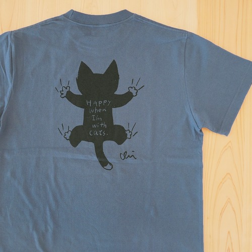 Tシャツ  Clinging Cat「せなかねこ」バックプリント：ヘイジーネイビー