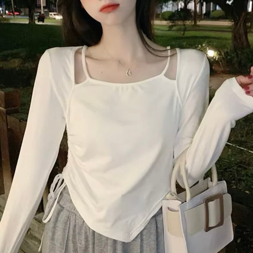 レイヤー風シャーリングロングTシャツ