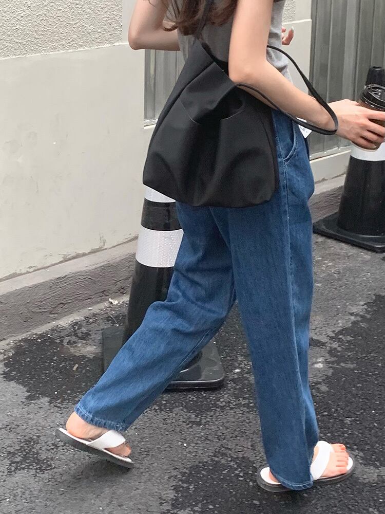 ジーンズ レディースサマースタンダードウェスト薄手ダークブルー レトロ 夏物 ワイドレッグ ワイドパンツ ビッグFスモールZ韓国21356864062