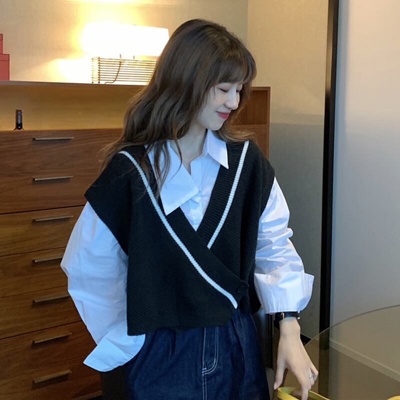 スタンダードオータムVネックブラウス セーター レディースルーズ レトロ 秋物 萌量不足98316624047