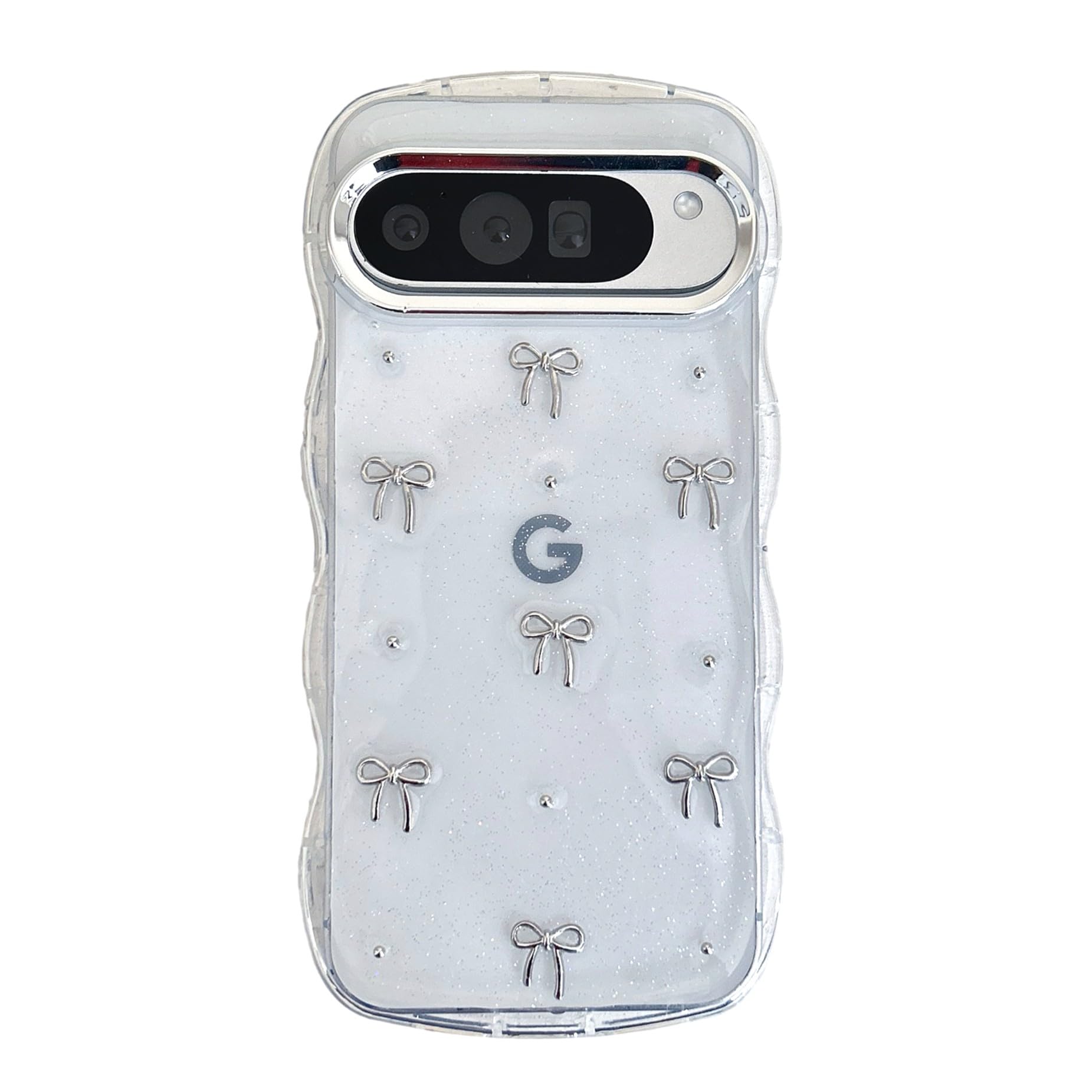 QLTYPRI ケース Google Pixel 8a 用 ケース クリア ウェーブTPU波状のバンパー シルバー ミニリボン おしゃれ 韓国 透明 可愛い 耐衝撃 スマホケース 立体 りぼん装飾 カバー ピクセル 8A 対応 ワイヤレス充電対応 ストラップホール付き(シルバー)