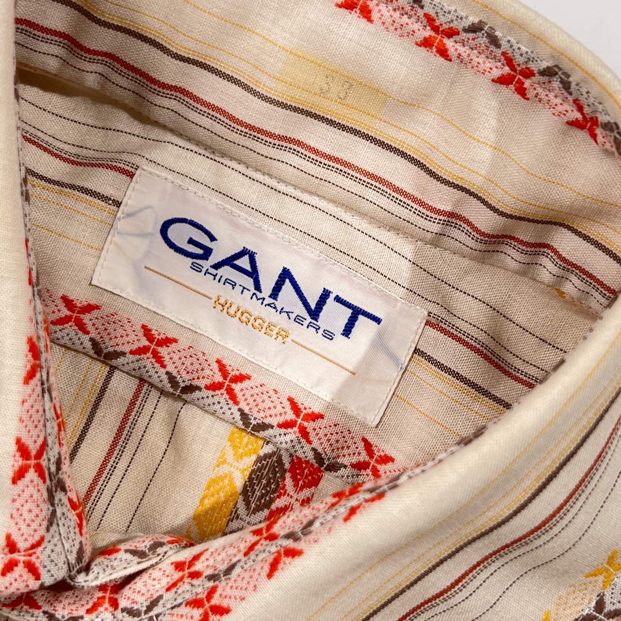 90s リネン混 GANT SHIRTMAKERS HUGGER ガント ストライプ 長袖シャツ 38/ベージュ系 マルチ メンズ ビンテージ