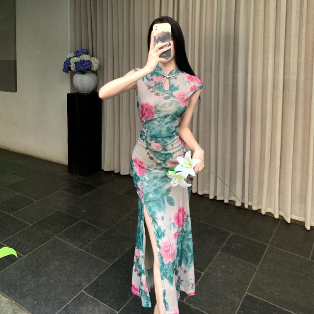 ワンピース チャイナ風 花柄 スリット フィットウエスト 目を奪われる S M L