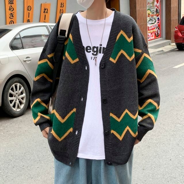 【予約販売】カーディガン ニット メンズ アウター ボーダー ブラック グレー ライン バイカラー カジュアル シック 総柄 男前 こなれ感 お洒落 韓国 トレンド 秋 冬 M/L/XL/2XL