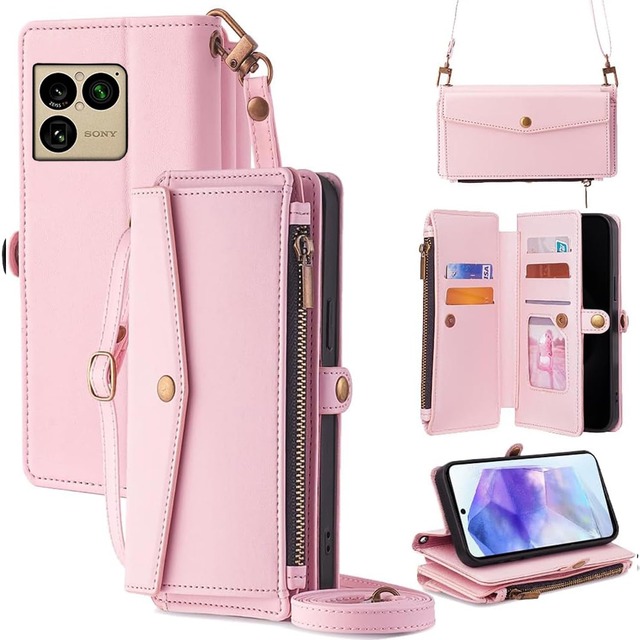For Xperia 1 VIII ケース 財布型 For エクスペリア1 viii SO-51G/SOG17 手帳型 ショルダー ストラップ長+短2本 5枚カード収納 1枚の写真収納スタンド機能 1枚の現金収納 1つのジッパーポケット 防落・防コケ・防ひび PUレザー プレゼント COCOCLOUD ピンク