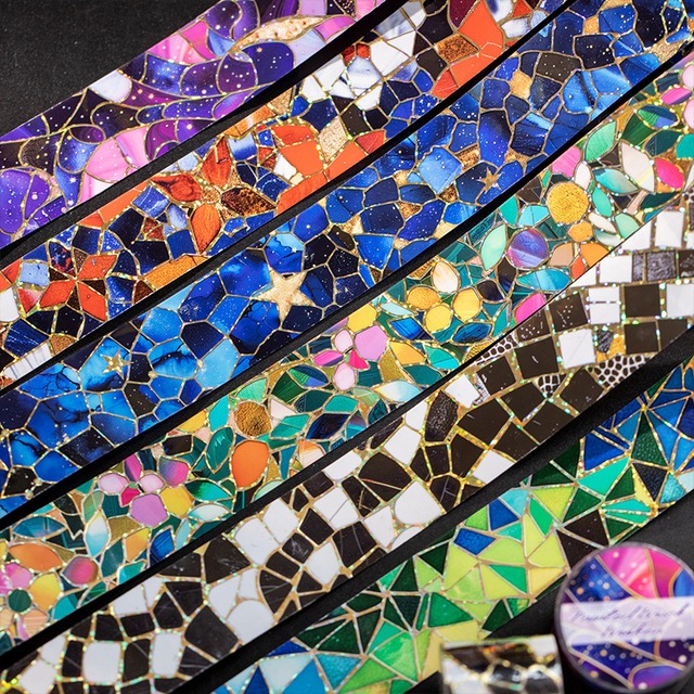 【マスキングテープ】海外マステ コラージュ素材 手帳デコ ステンドグラス風 PETテープ 箔押し｜Colored Brick Fragments