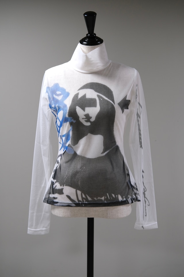 【AKIKOAOKI】graffiti mesh top print B - white