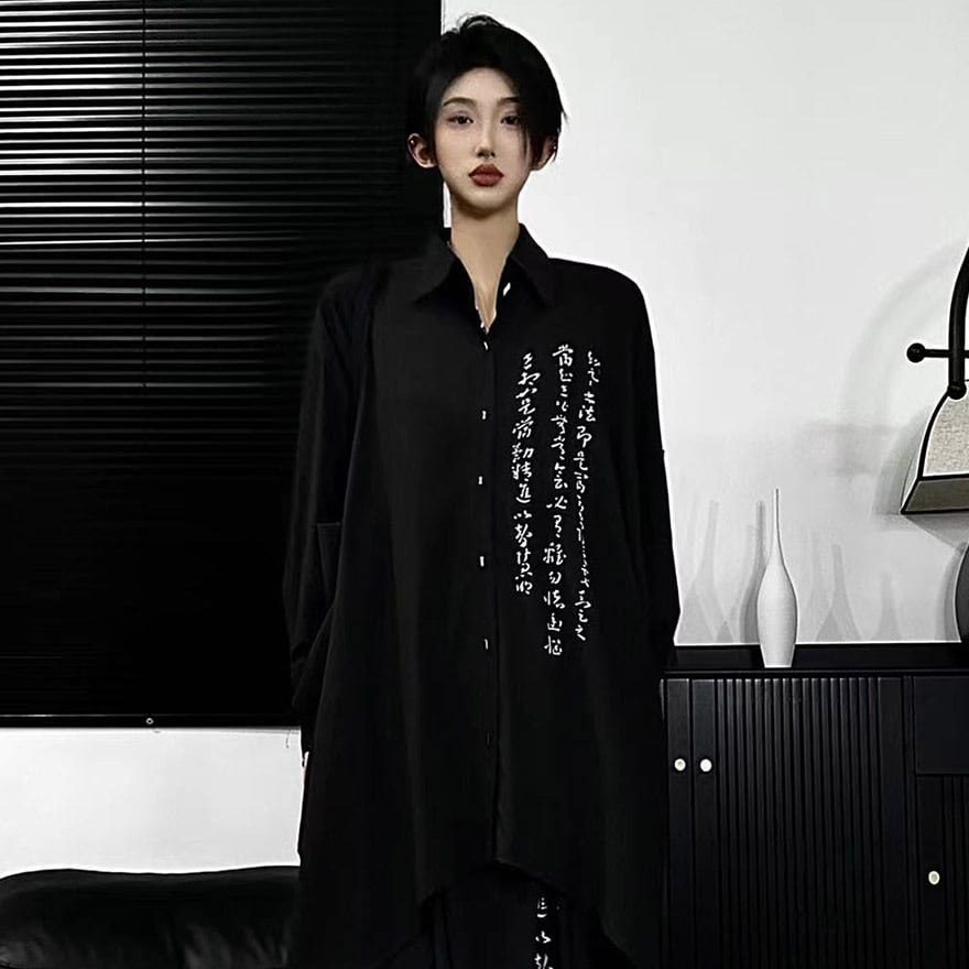 長袖シャツ ブラウス 書道プリント ボタン 闇かわいい｜天使と悪魔