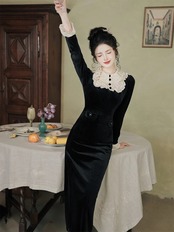【0266】Velvet Retro Straight Long Sleeve Dress
