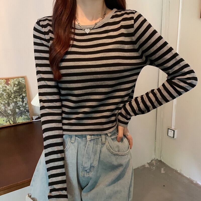 ストライプTシャツ サマーショートセーター ロング 大人ガーリー スウィート キュート カジュアル 夏物 ガールズファッション14820412673