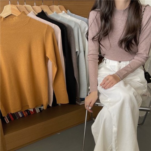 ニット レディース 長袖 無地 トップス プルオーバー ハイネック 薄手 春先 春物 イエロー ライトグレー アプリコット キャメル ダークグレー ホワイト ブルー シンプル 通勤 通学 デート