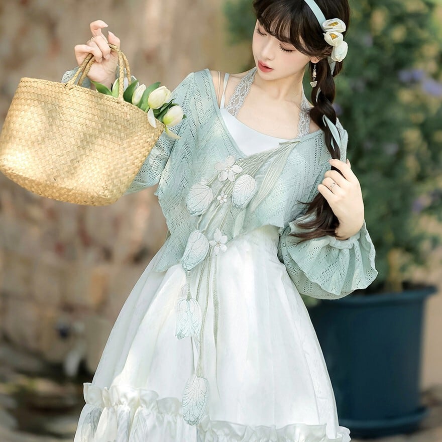 ロリータファッション ミントボレロ付き花柄ロングワンピース