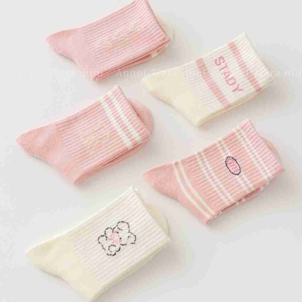 KG543 靴下 キッズ 女の子 5足セット ピンク リボン うさぎ チェック