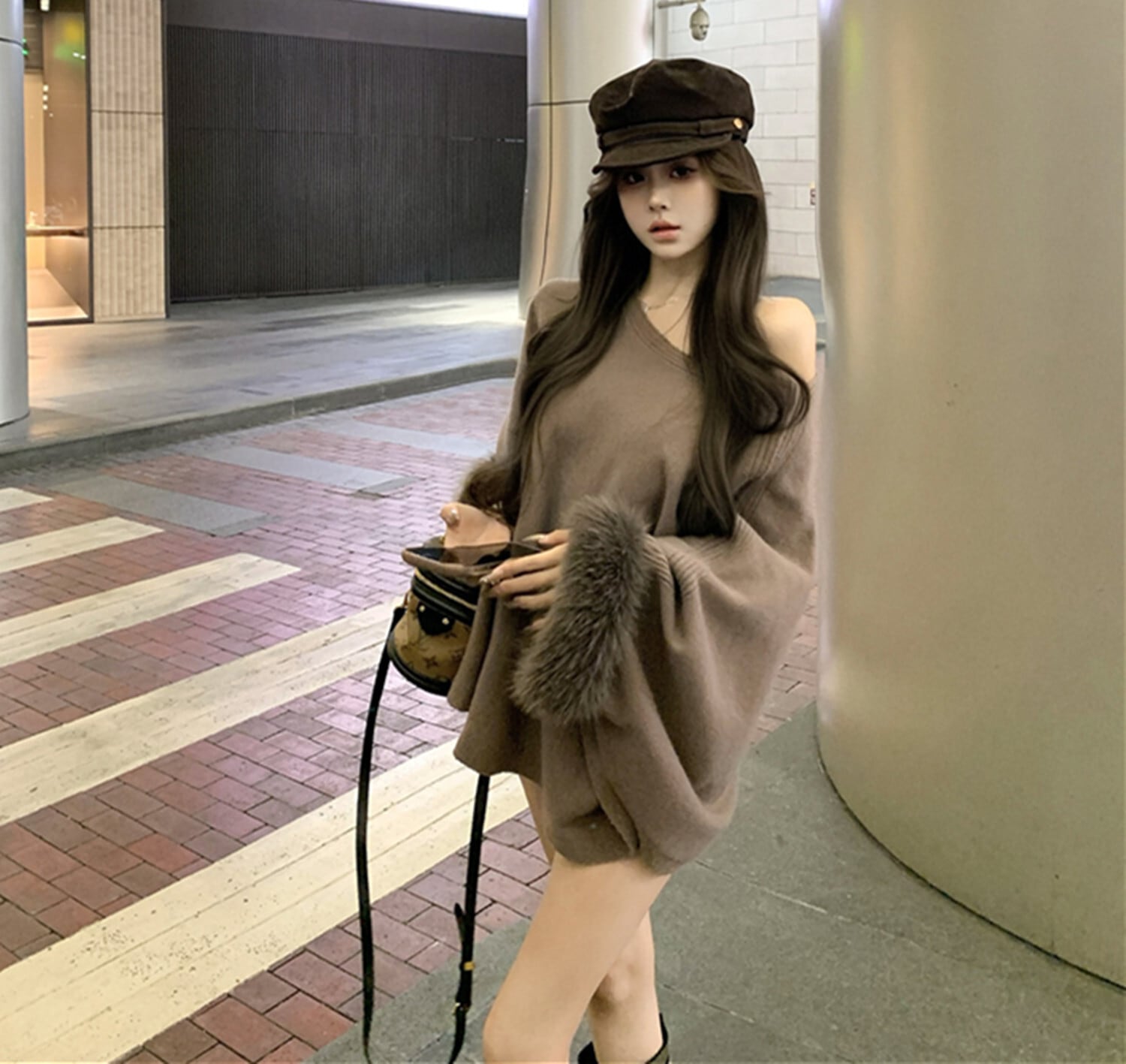 tops】袖ファーオフショルダーニットトップス M27715 | nanastyle