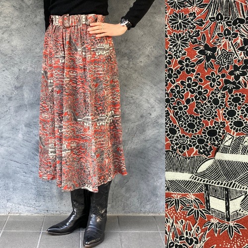 【SALE】着物リメイクギャザーロングスカート - kimono elastic waist skirt