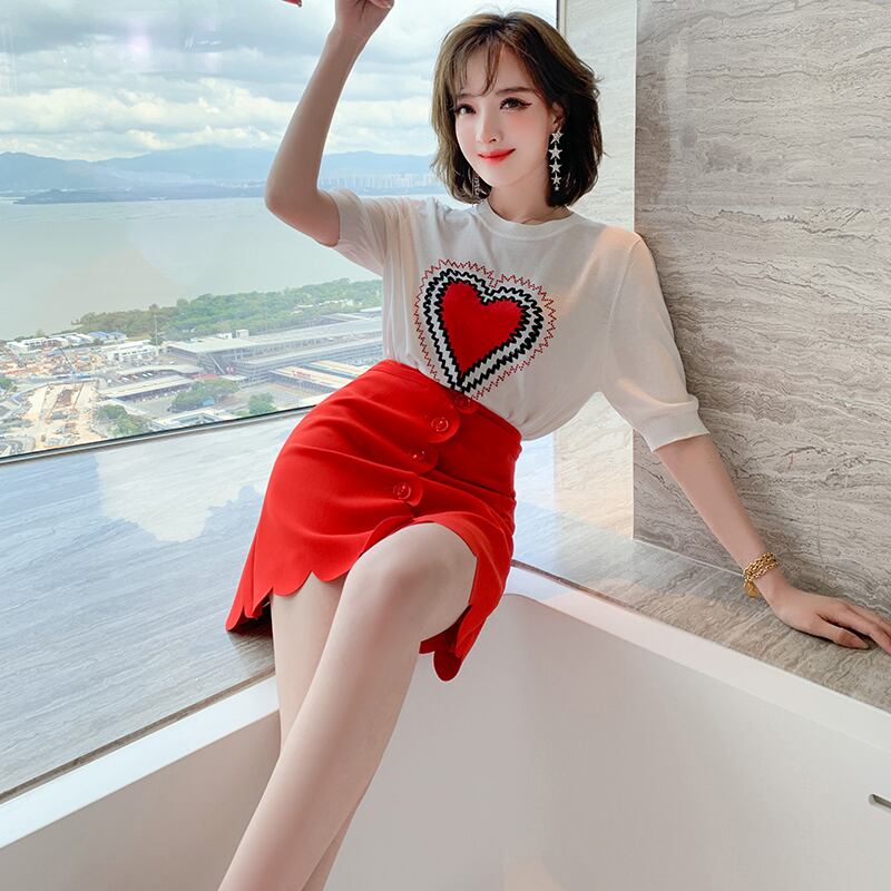 ジャカードニットラウンドネックスリーブTシャツ サマー 大人ガーリー スウィート キュート カジュアル 夏物 Oネック MIUCO12207002118