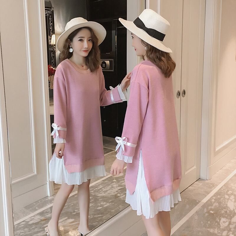 【新作】【送料無料】 マタニティウェア2020秋冬新作ニットステッチフェイクツーピースドレス、トレンディなマザーミドル丈、年齢を減らすマタニティドレス-アリババ オータム 秋物 ウィンター 冬物 expec28254167609