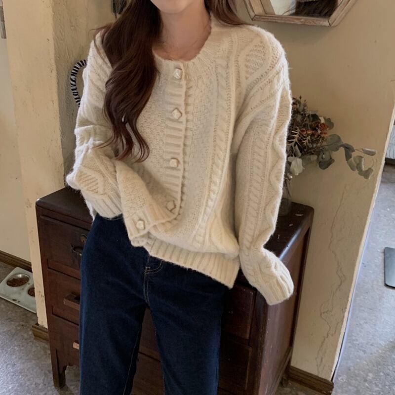 パターンニットカーディガンオータムウィンターラウンドネックルーズセーター コート ロング 秋物 冬物 Oネック クレセントシティ89031151253