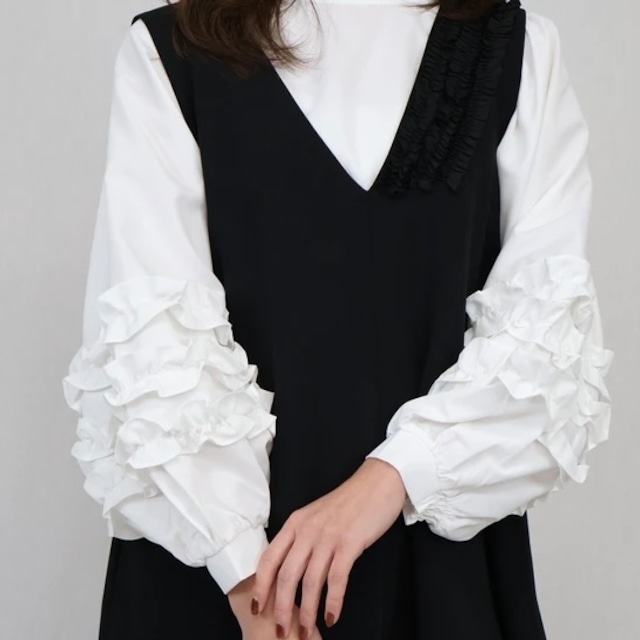 volume sleeve frill blouse(Black・White・Light Blue・Navy)