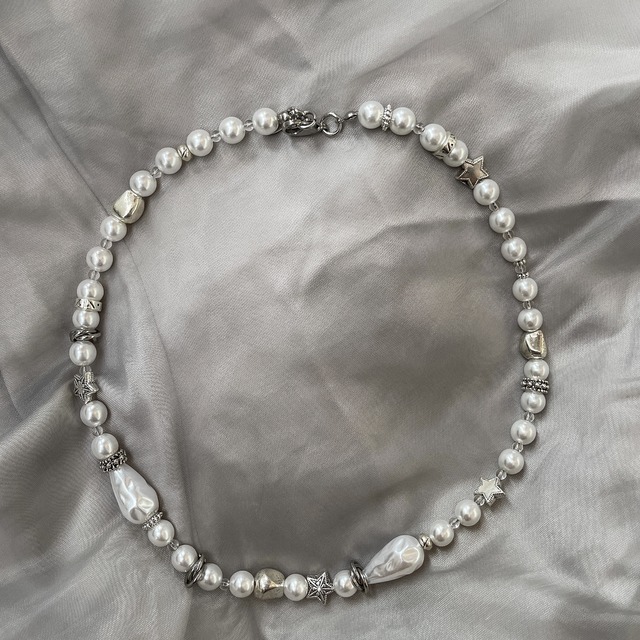 Imitation pearl × silver beads necklace ( men’s )