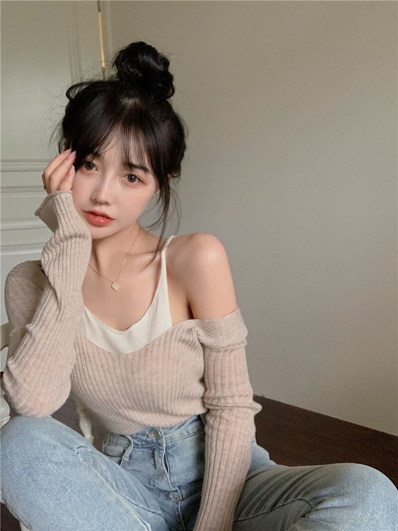 ニットシャツ サマー薄手ショートトップス ロング 夏物 オフショルダー シルク ピュア ブラックストロベリース59723974959