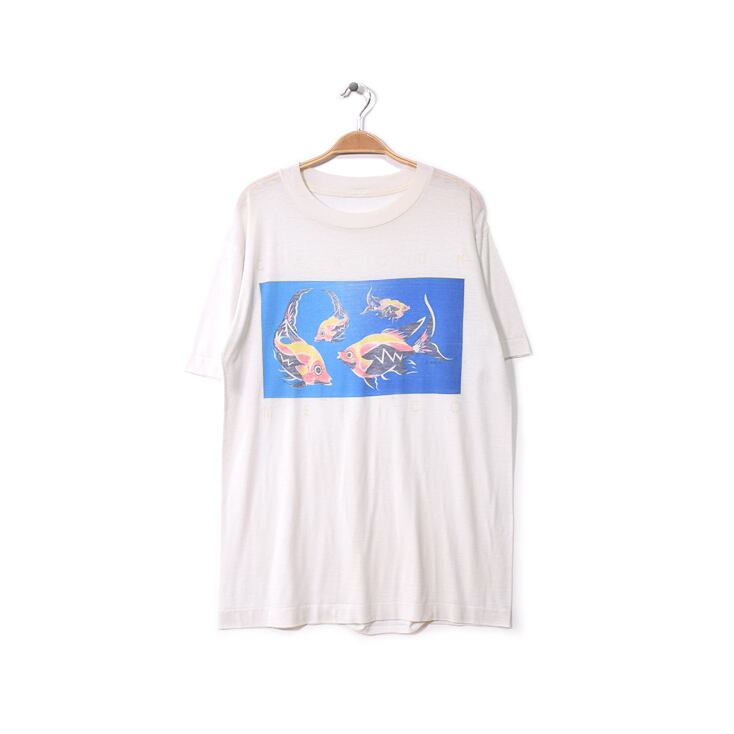 90S メキシコ カンクン オールド 魚 プリント Tシャツ メンズL相当 ダメージ系 ヴィンテージ @BB0302