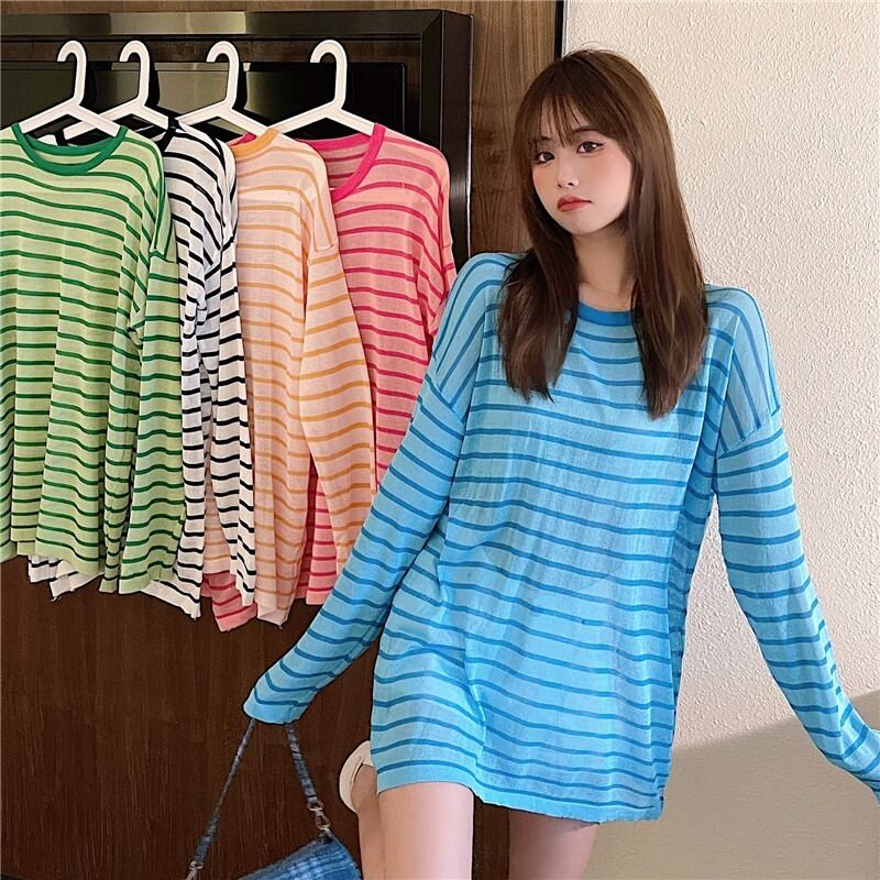 サマースタイルストライプシャツ 薄手ニットセーター トップス レディース ロング 夏物 ハンチェンe73130380117