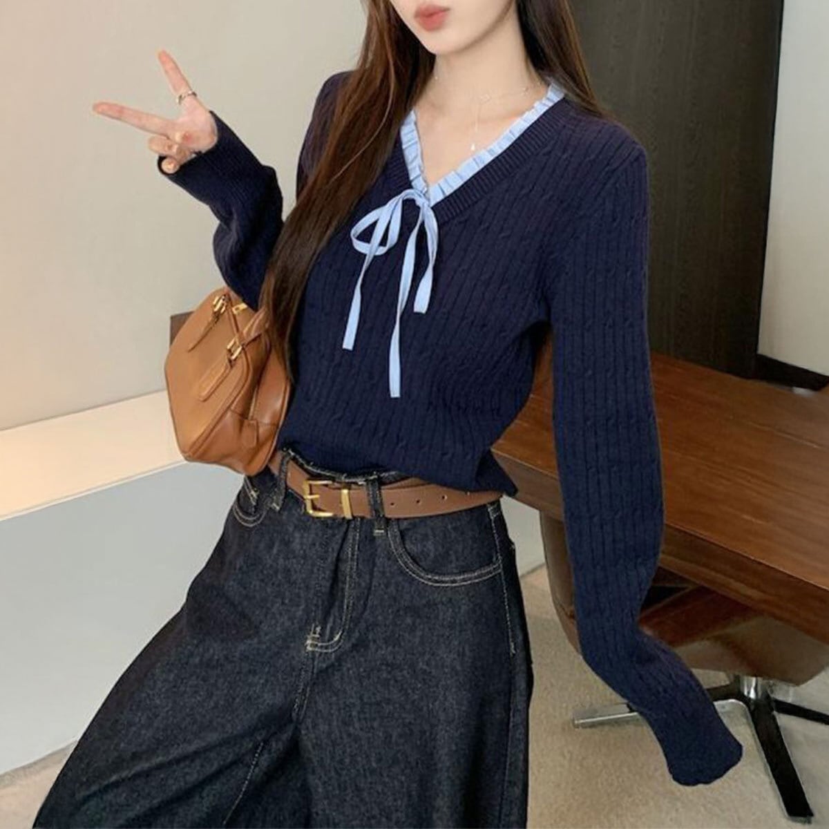 ニット 長袖 リボン フリル レディース 春秋 韓国 おしゃれ 大人 かわいい きれいめ カジュアル Vネック フェミニン ガーリー 大人可愛い 大人女子