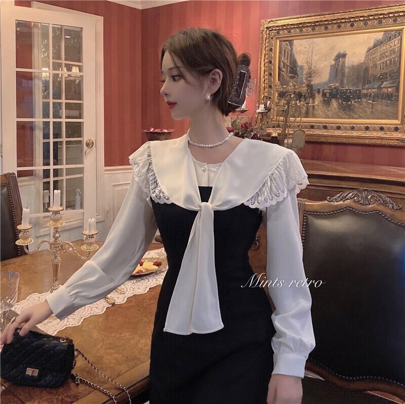 スタンダードレースホワイトシャツ レディースオータムウィンターブラックドレス レトロ 秋物 冬物 スクウェア ドラファッションホール91389083796