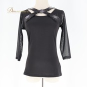 社交ダンス 衣装 トップス ブラウス ブラック系 タカダンス TAKA DANCE 黒 練習 レッスン シンプル 伸縮 ストレッチ 上品 ラインストーン キラキラ ダンス衣装 イベント ステージ パーティー かわいい セクシー 透け感 七分袖 シルバー系