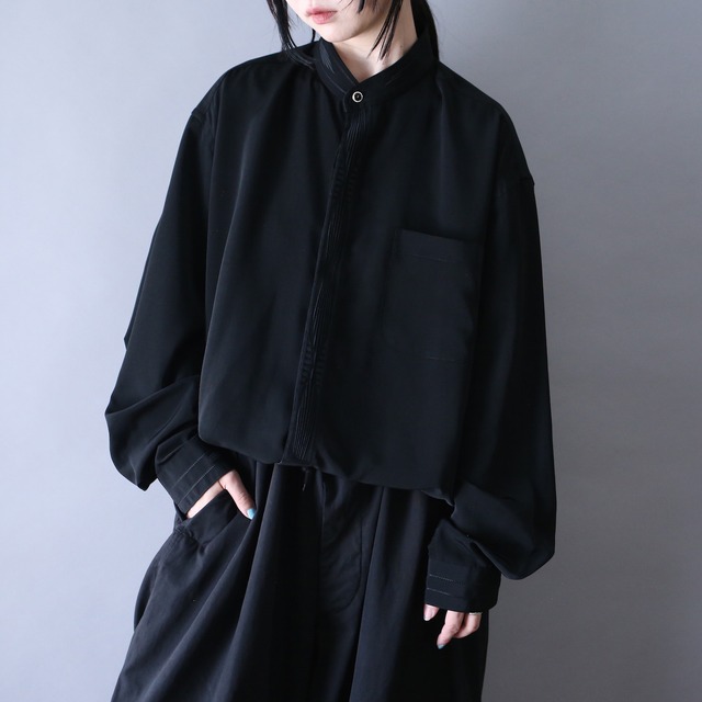 "刺繍" black one-tone over silhouette fry front minimal mode shirt