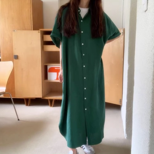 ロングワンピース レディース ワンピース シャツワンピース フロントボタン ロング丈 半袖ワンピース 羽織 コットンリネン 綿麻 襟あり ポロ襟 シンプル 無地 カジュアル 春夏 ラグランスリーブ