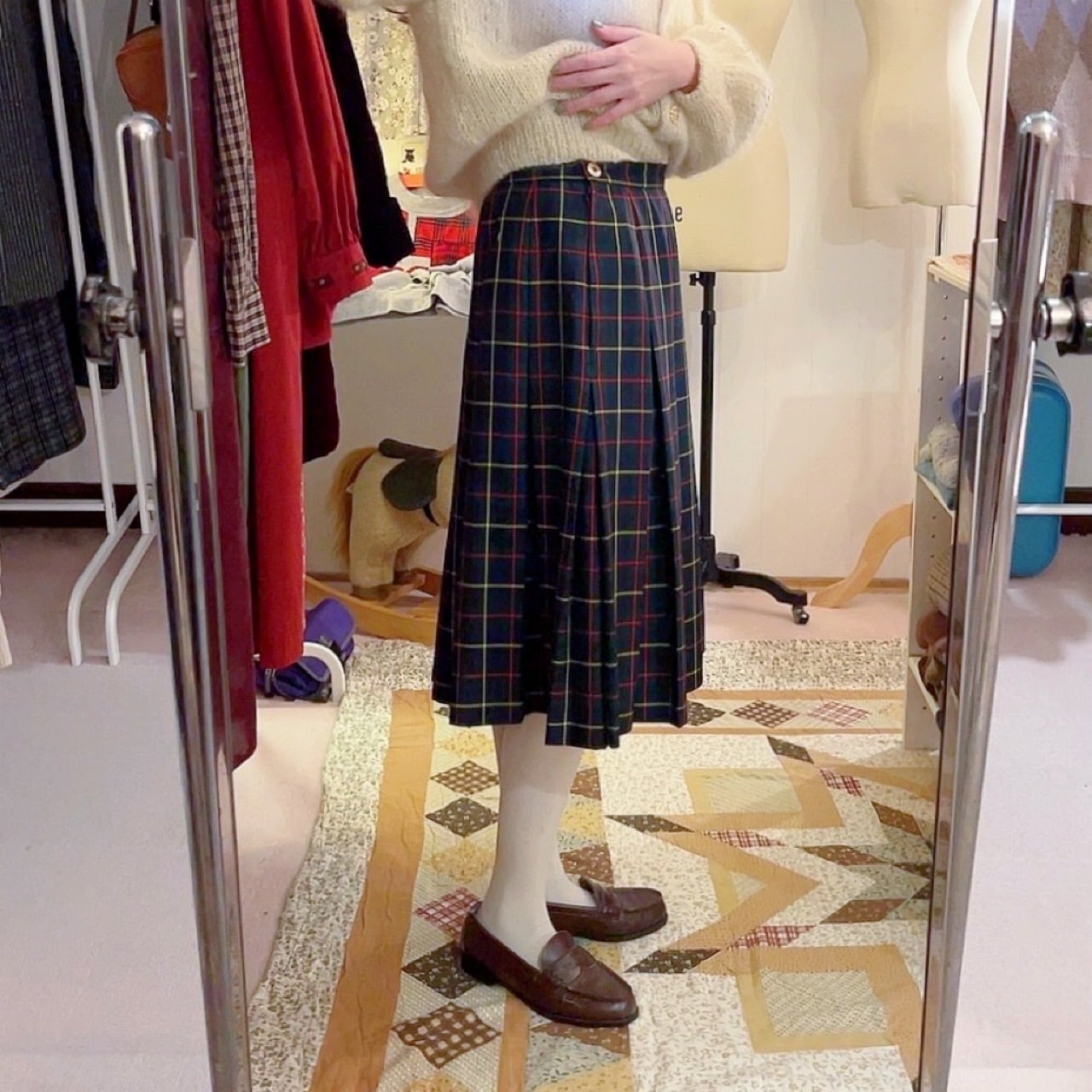 green check gold button skirt