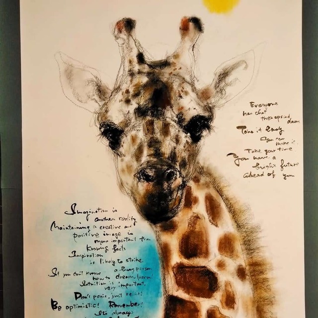 【キリン　ポスターフレーム付きパステル画】