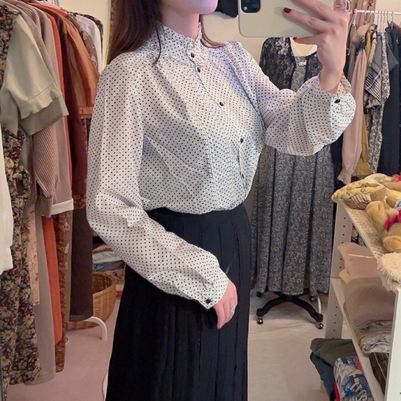 black dot stand collar blouse