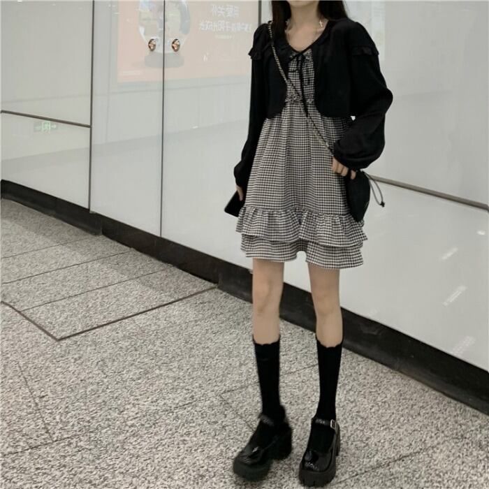 2点セット　エムズグレイシー 千鳥格子 リボン ワンピースとボレロ　モノトーン セットアップ ボレロ キャミワンピース 千鳥格子柄 チェック柄 ハイ