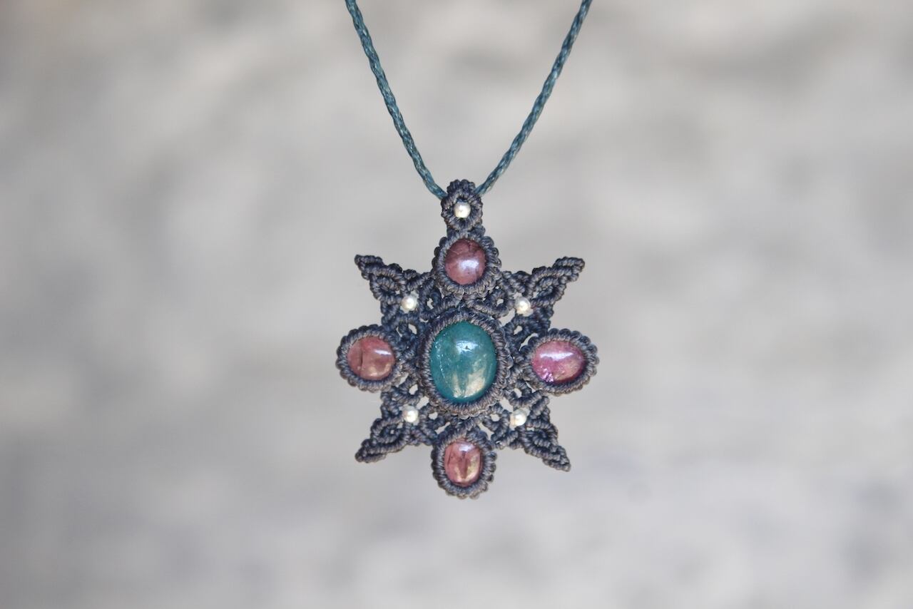 Blue Apatite & Pink Tourmaline micro macrame mandala pendant