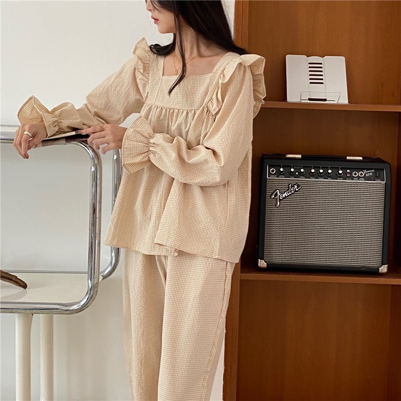 ３カラー ルームウェア パジャマ セットアップ フリル チェック柄 ひざ丈 スクエアネック ガーリーフェミニン Ladiesfashion Kandk