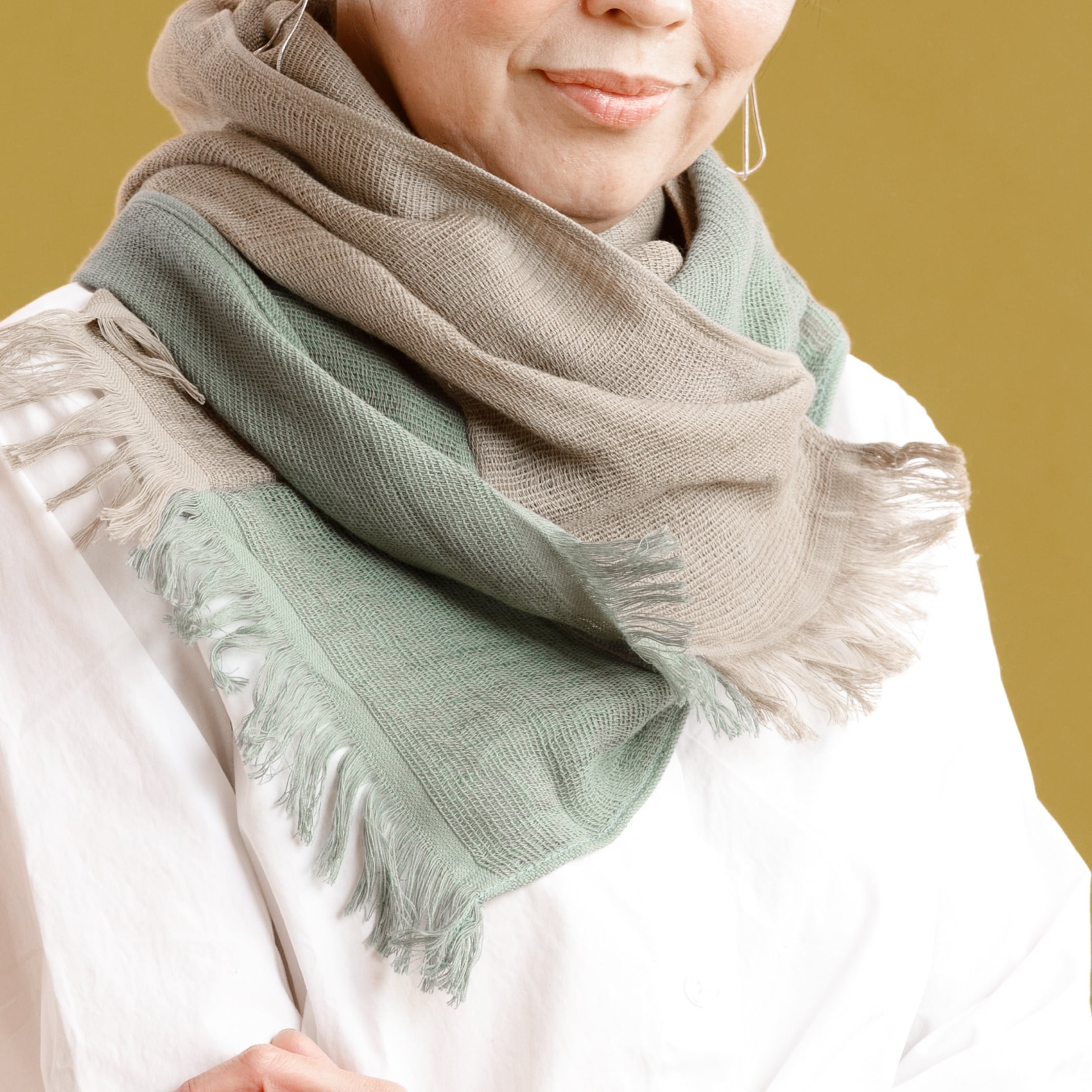 コットンコンビマフラー】428 セージグリーン×モカベージュ