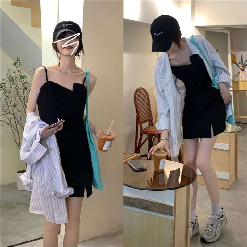 【新作】【送料無料】 黒のサスペンダードレス女性の春と夏の韓国語バージョン 2023 新しいホットガールデザイン不規則な痩身底スカート 0248135884459