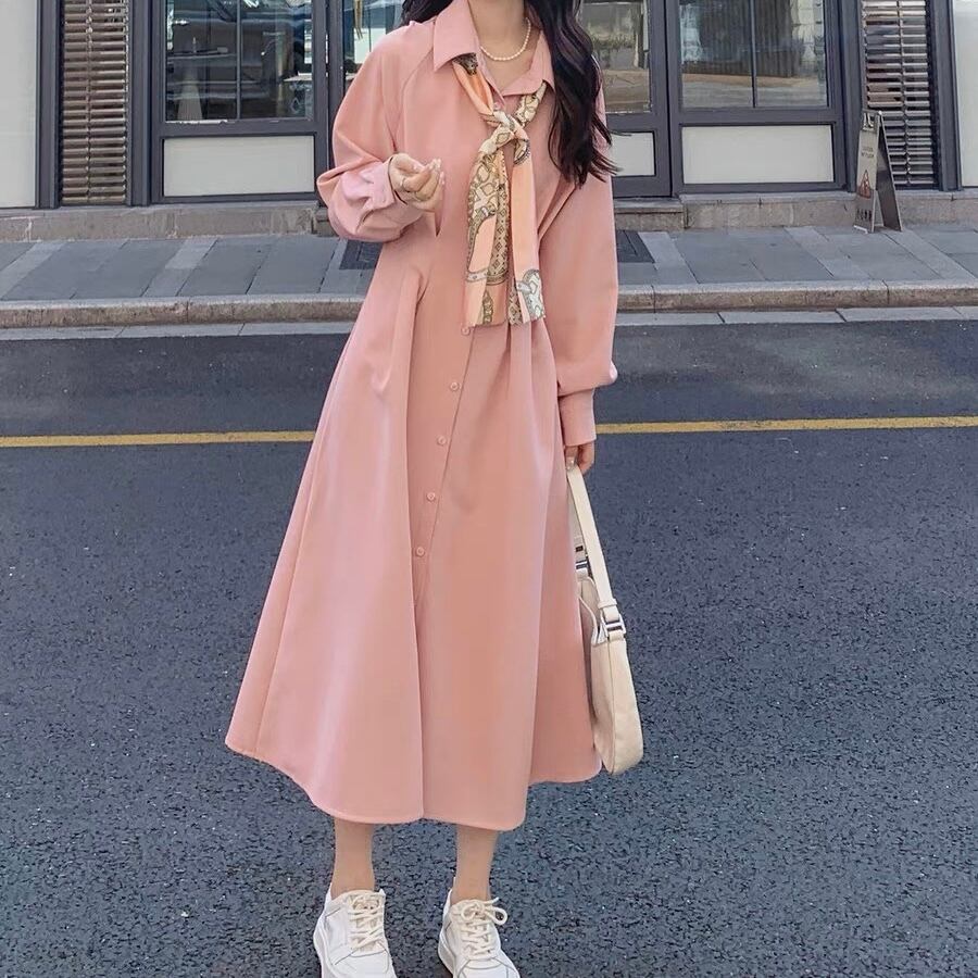 OP-0011 ピンク シャツ ワンピース ロングスカート デザイン ロング丈 ...