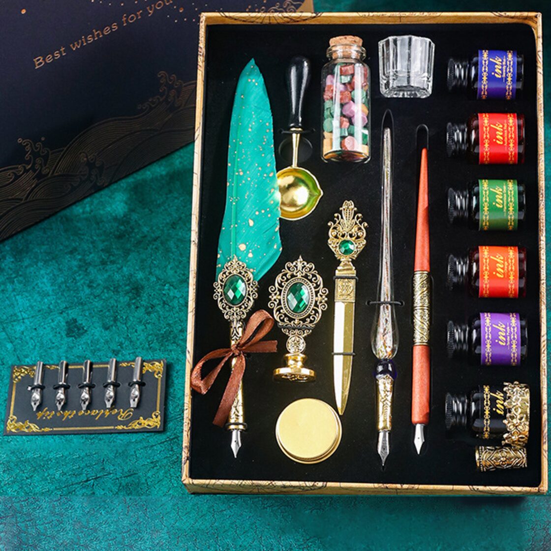 星空の羽根ペン《真夜中の6彩星魔法団》ガラスペン・インクセット